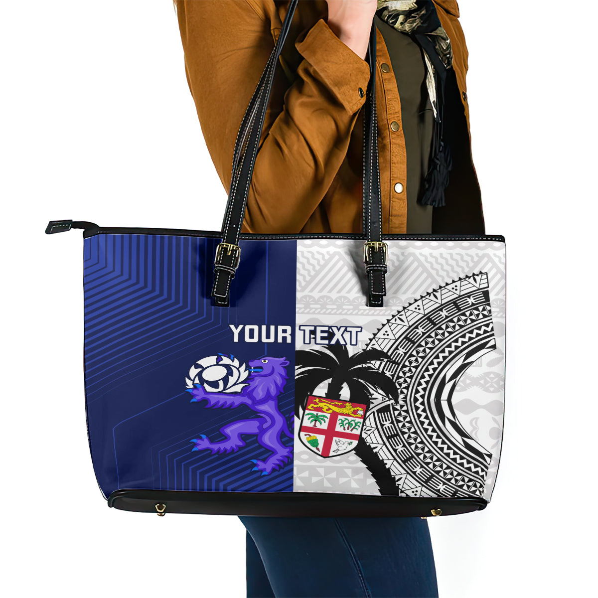 Custom Fiji And Scotland Rugby Leather Tote Bag Fijian Tapa Pattern With Thistle LT14