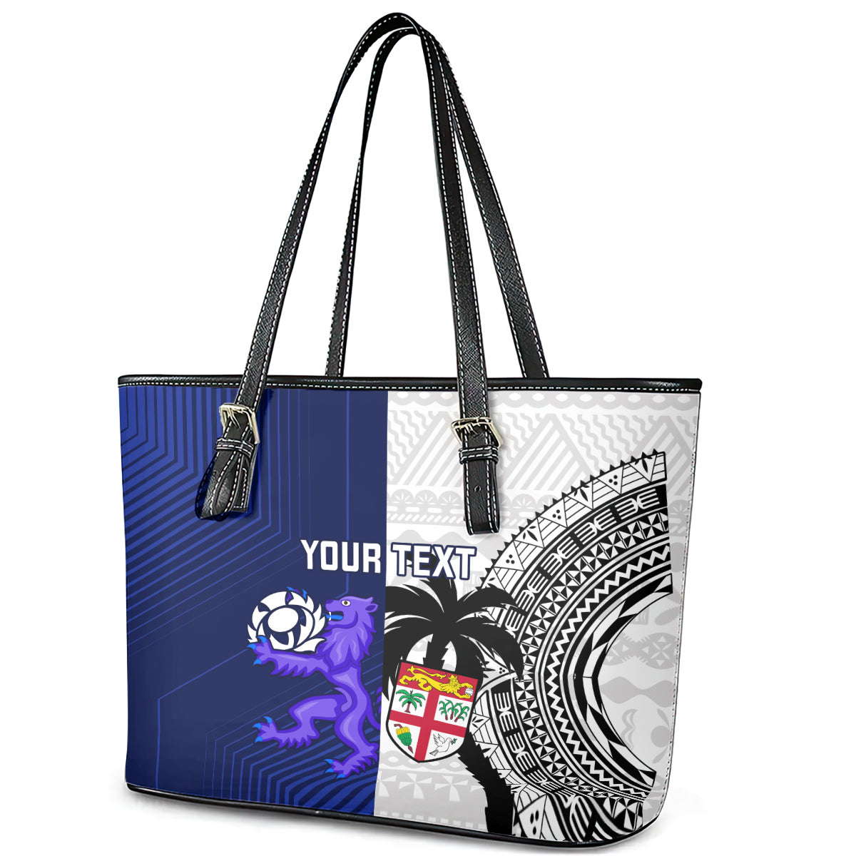 Custom Fiji And Scotland Rugby Leather Tote Bag Fijian Tapa Pattern With Thistle LT14