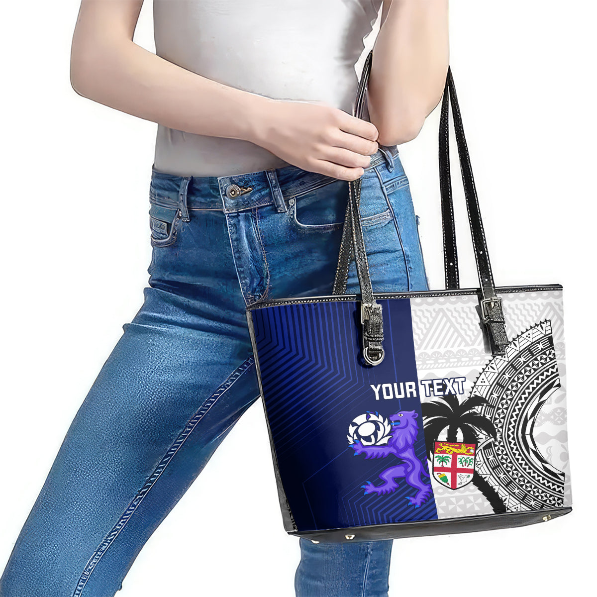 Custom Fiji And Scotland Rugby Leather Tote Bag Fijian Tapa Pattern With Thistle LT14
