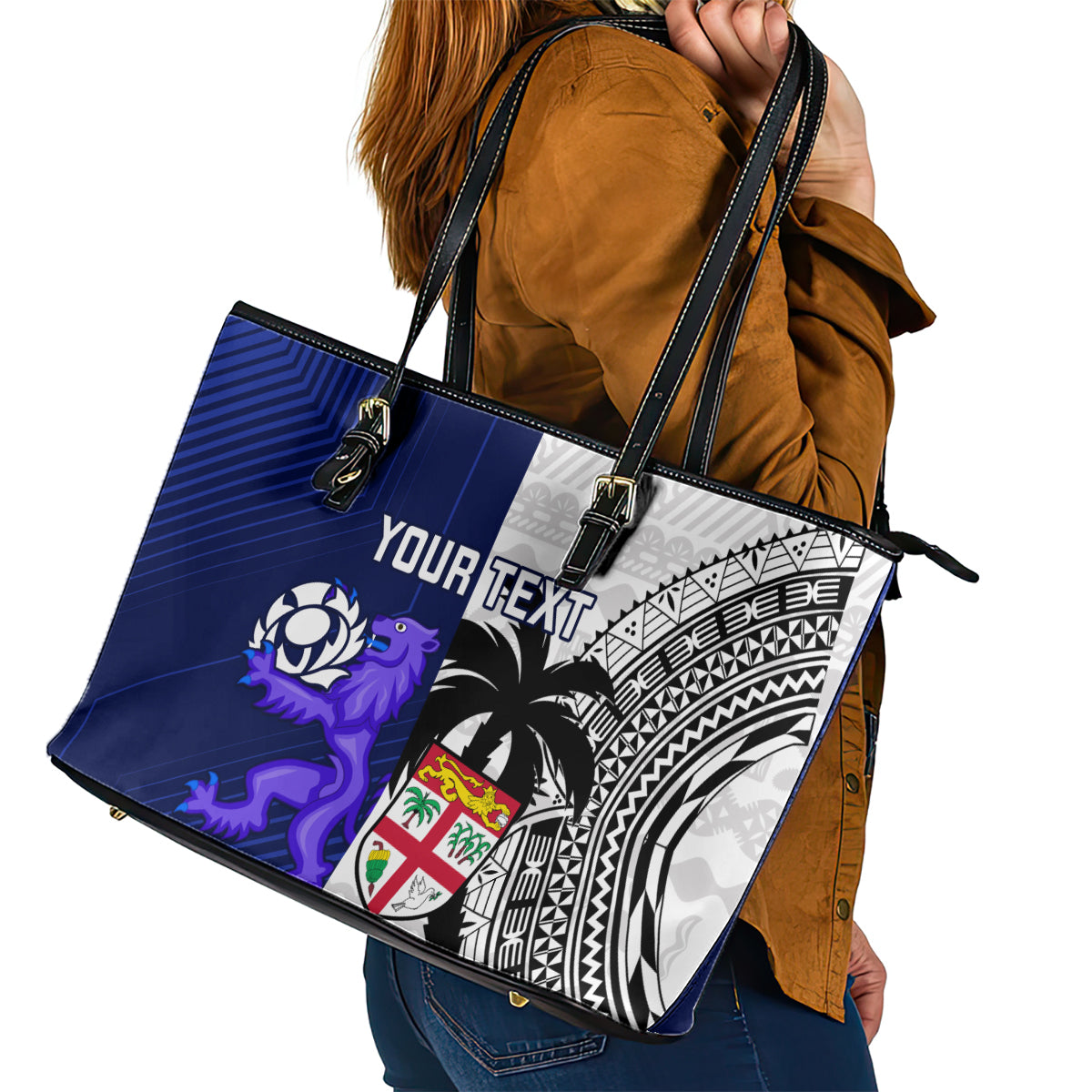 Custom Fiji And Scotland Rugby Leather Tote Bag Fijian Tapa Pattern With Thistle LT14