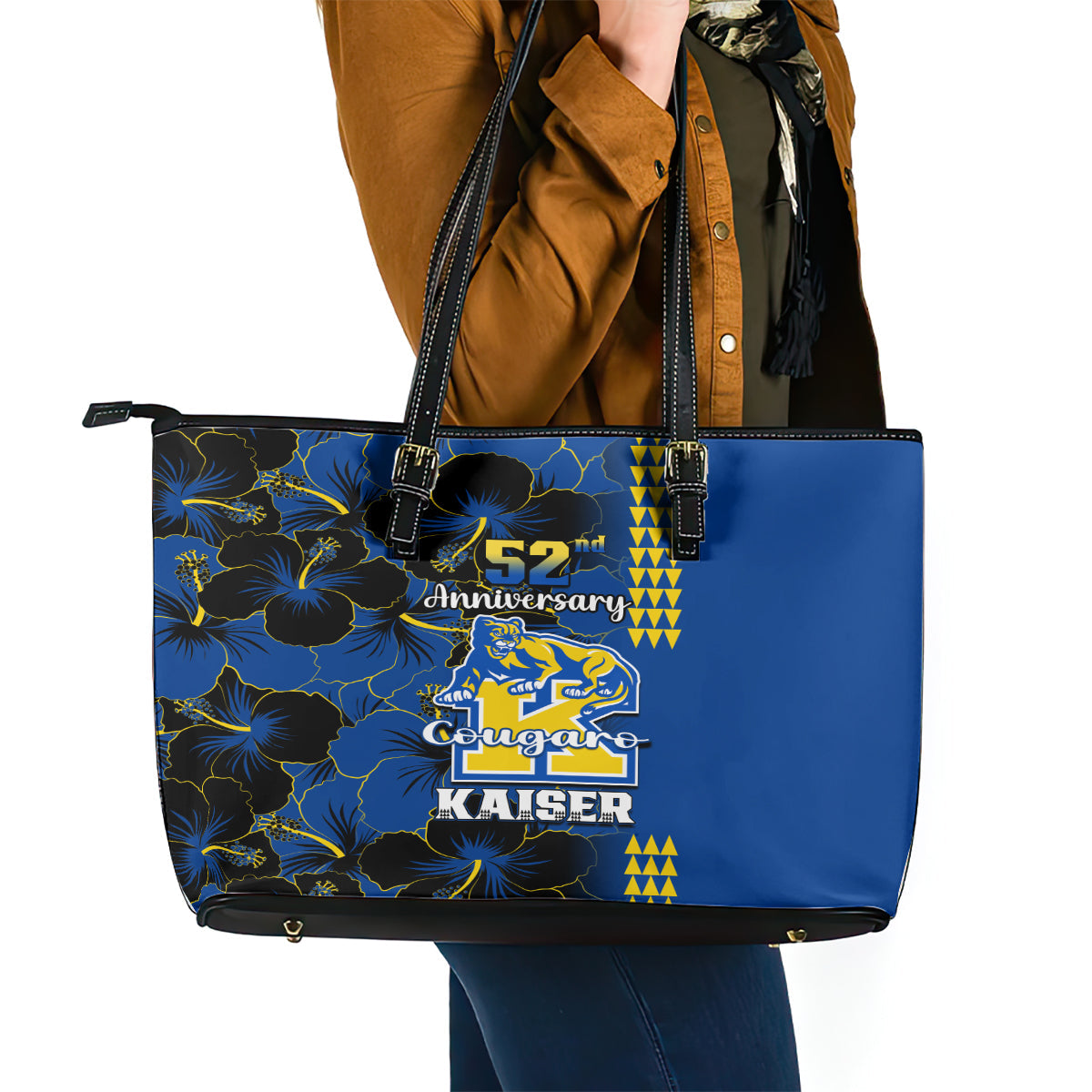 Hawaii Kaiser High School Leather Tote Bag Kakau Mix Hibiscus Happy 52nd Anniversary LT14