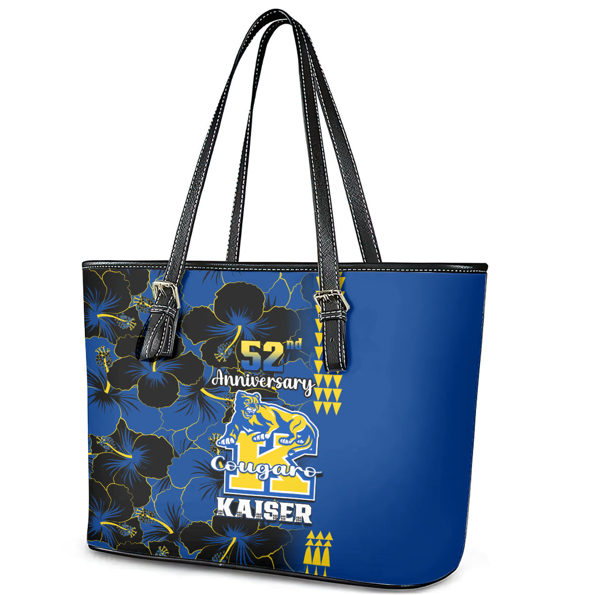 Hawaii Kaiser High School Leather Tote Bag Kakau Mix Hibiscus Happy 52nd Anniversary LT14