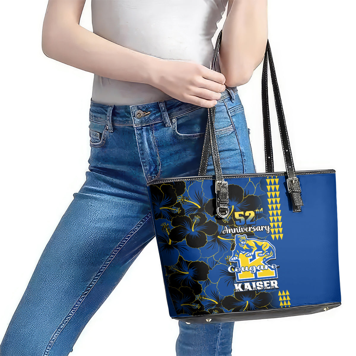 Hawaii Kaiser High School Leather Tote Bag Kakau Mix Hibiscus Happy 52nd Anniversary LT14