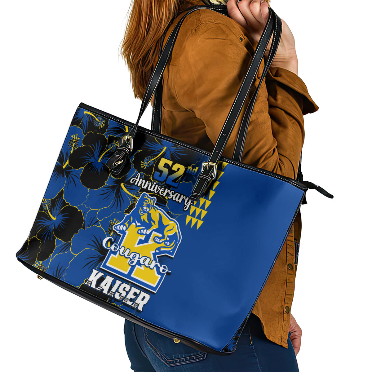 Hawaii Kaiser High School Leather Tote Bag Kakau Mix Hibiscus Happy 52nd Anniversary LT14