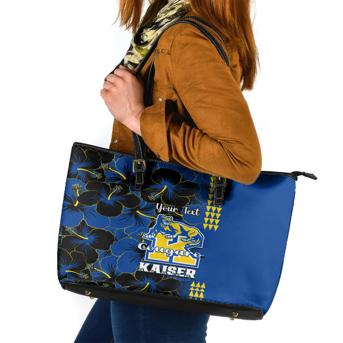 Personalised Hawaii Kaiser High School Leather Tote Bag Kakau Mix Hibiscus Happy 52nd Anniversary LT14