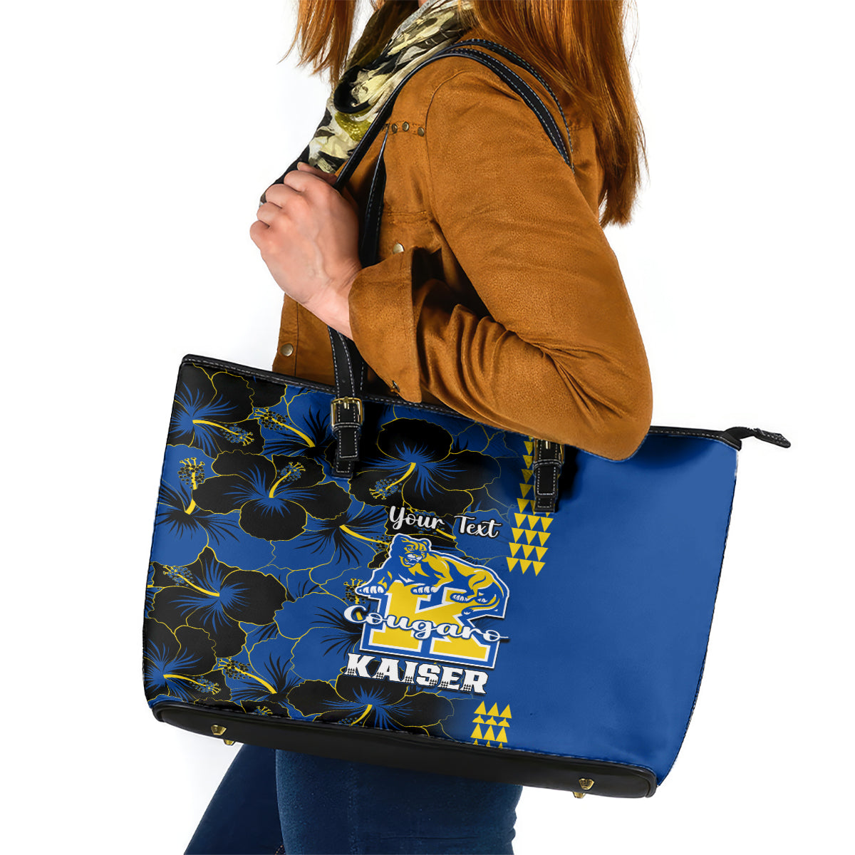 Personalised Hawaii Kaiser High School Leather Tote Bag Kakau Mix Hibiscus Happy 52nd Anniversary LT14