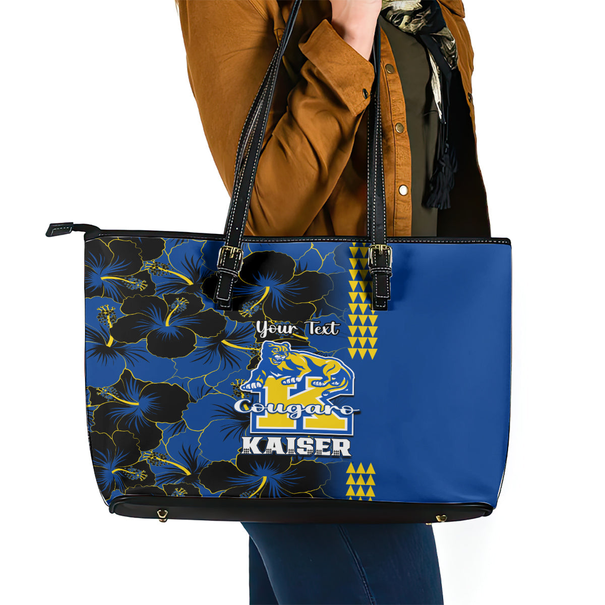 Personalised Hawaii Kaiser High School Leather Tote Bag Kakau Mix Hibiscus Happy 52nd Anniversary LT14