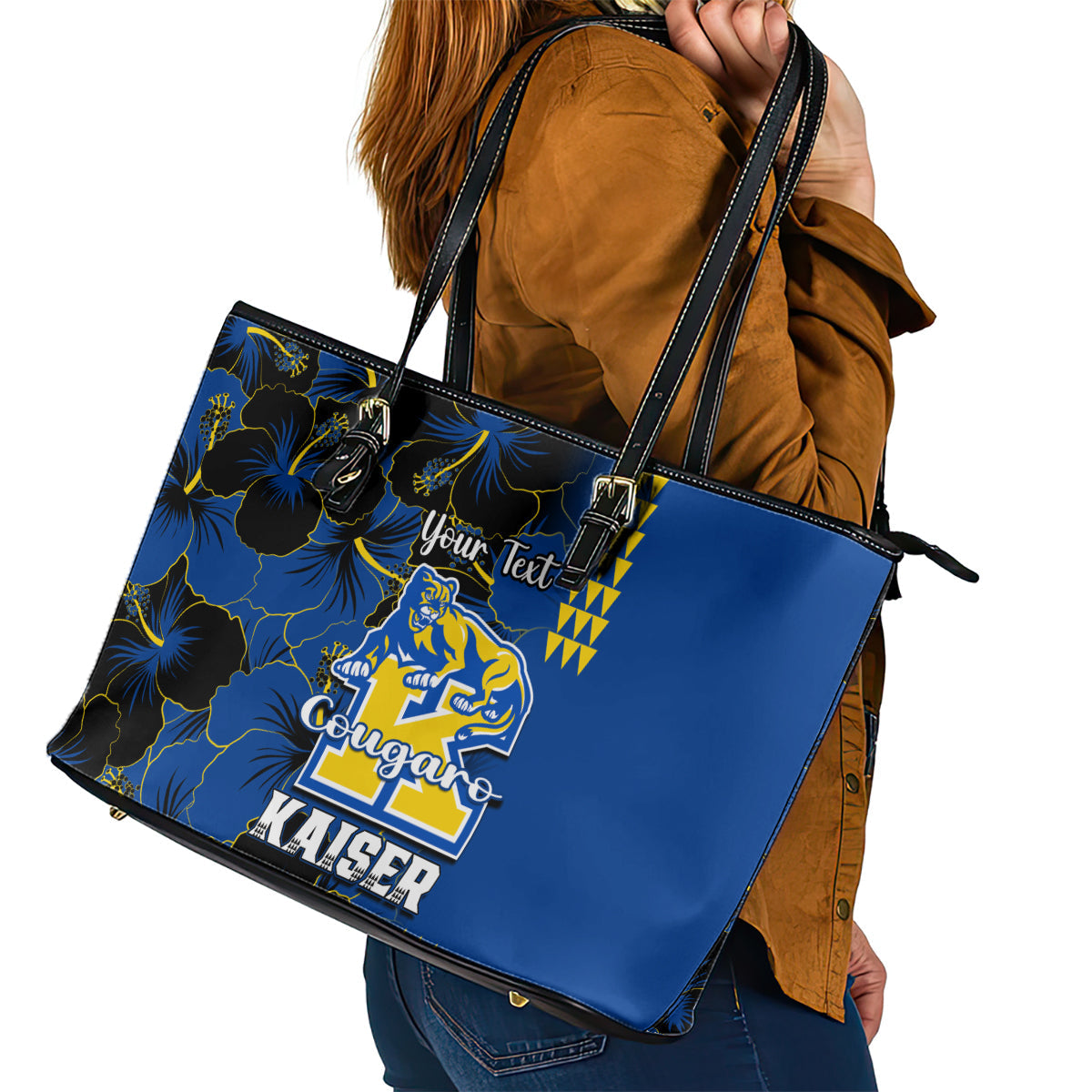 Personalised Hawaii Kaiser High School Leather Tote Bag Kakau Mix Hibiscus Happy 52nd Anniversary LT14