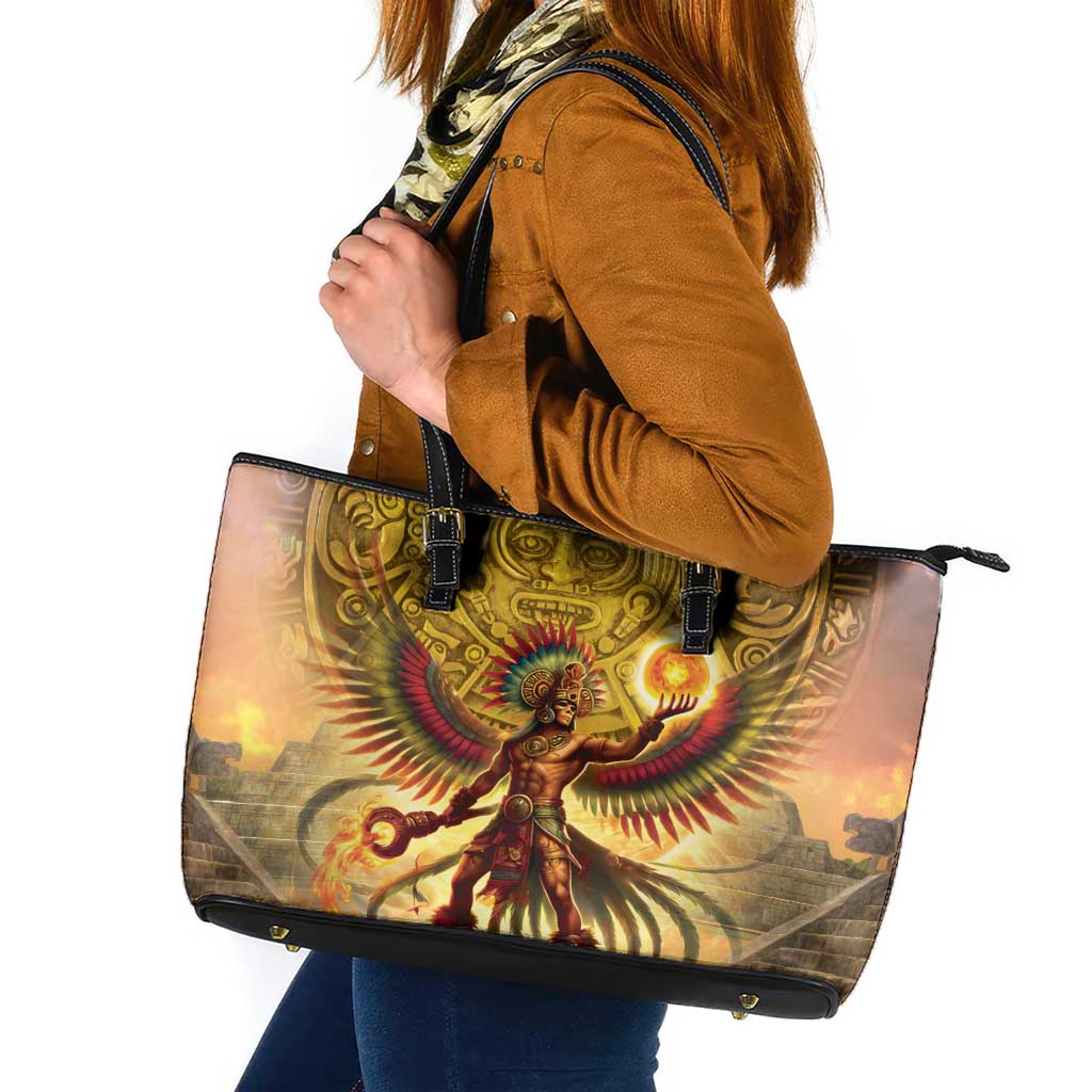 Mexico Panquetzaliztli Leather Tote Bag Huitzilopochtli - Aztec God of Sun and War LT14