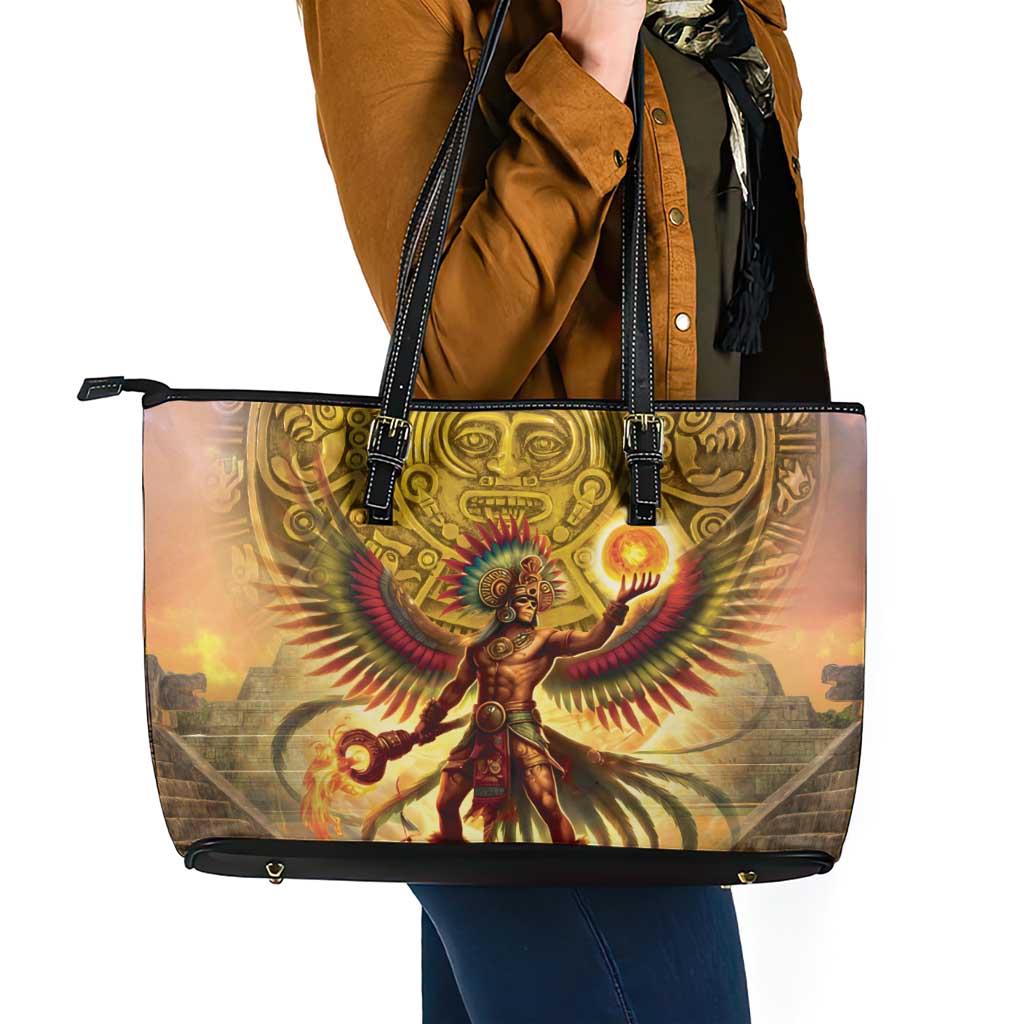 Mexico Panquetzaliztli Leather Tote Bag Huitzilopochtli - Aztec God of Sun and War LT14