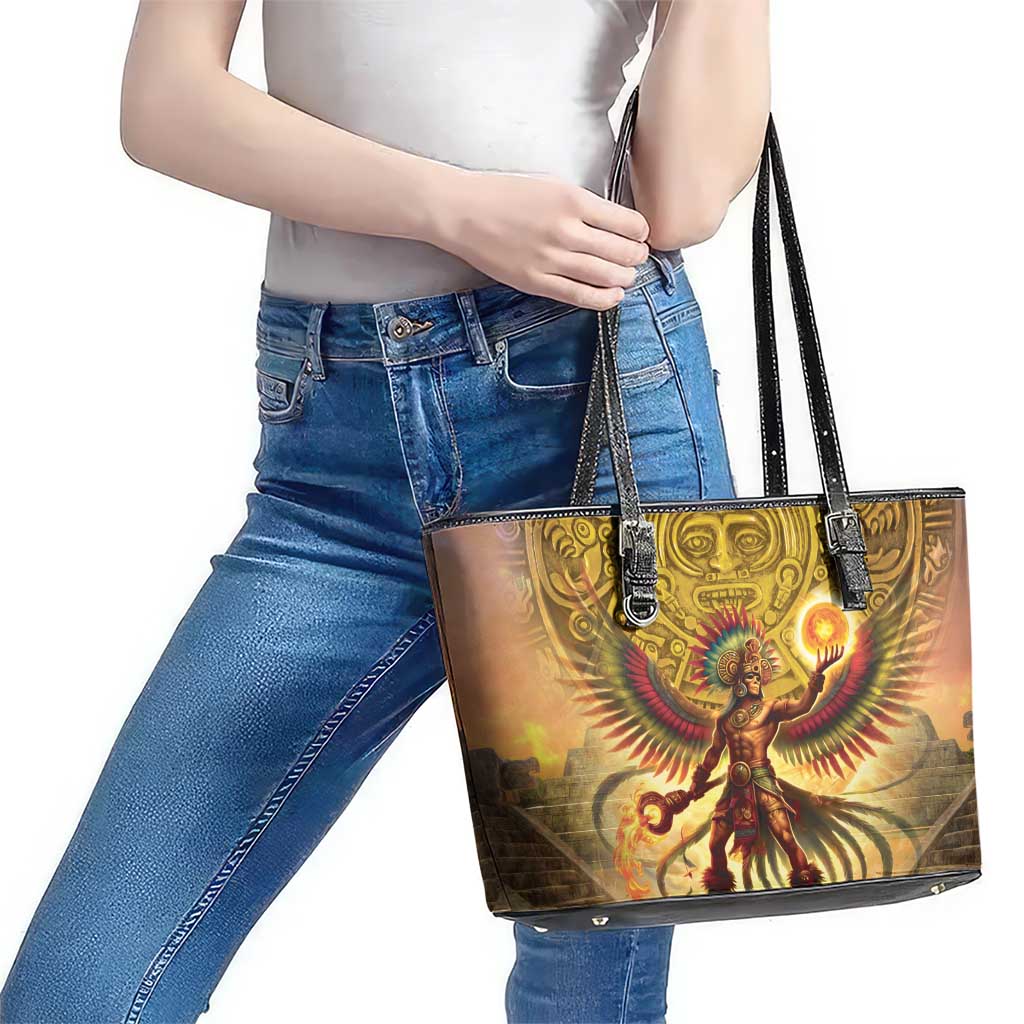Mexico Panquetzaliztli Leather Tote Bag Huitzilopochtli - Aztec God of Sun and War LT14