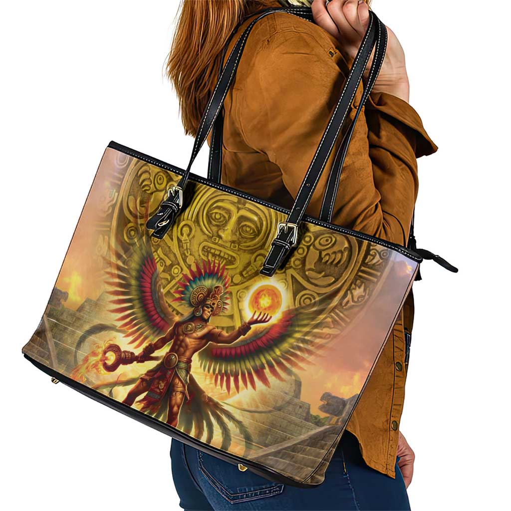Mexico Panquetzaliztli Leather Tote Bag Huitzilopochtli - Aztec God of Sun and War LT14