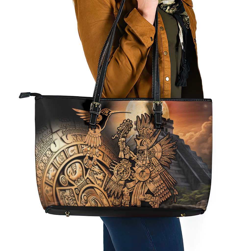 Mexico Warrior Leather Tote Bag Huitzilopochtli With Aztec Hummingbird LT14