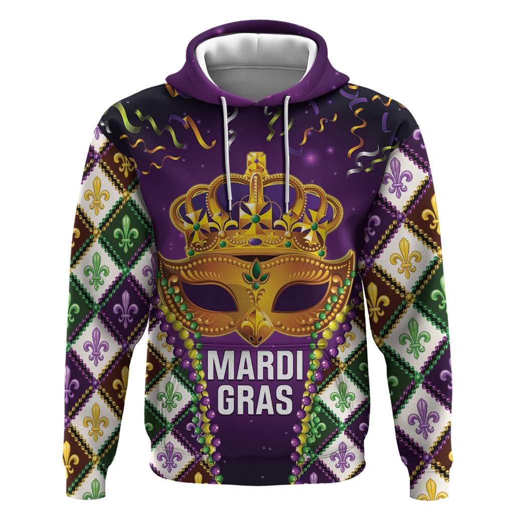 King Mask Mardi Gras Hoodie Let's Party Beadeds With Fleur De Lis LT14