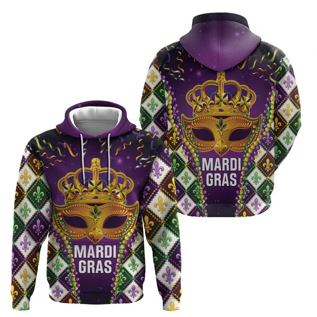 King Mask Mardi Gras Hoodie Let's Party Beadeds With Fleur De Lis LT14