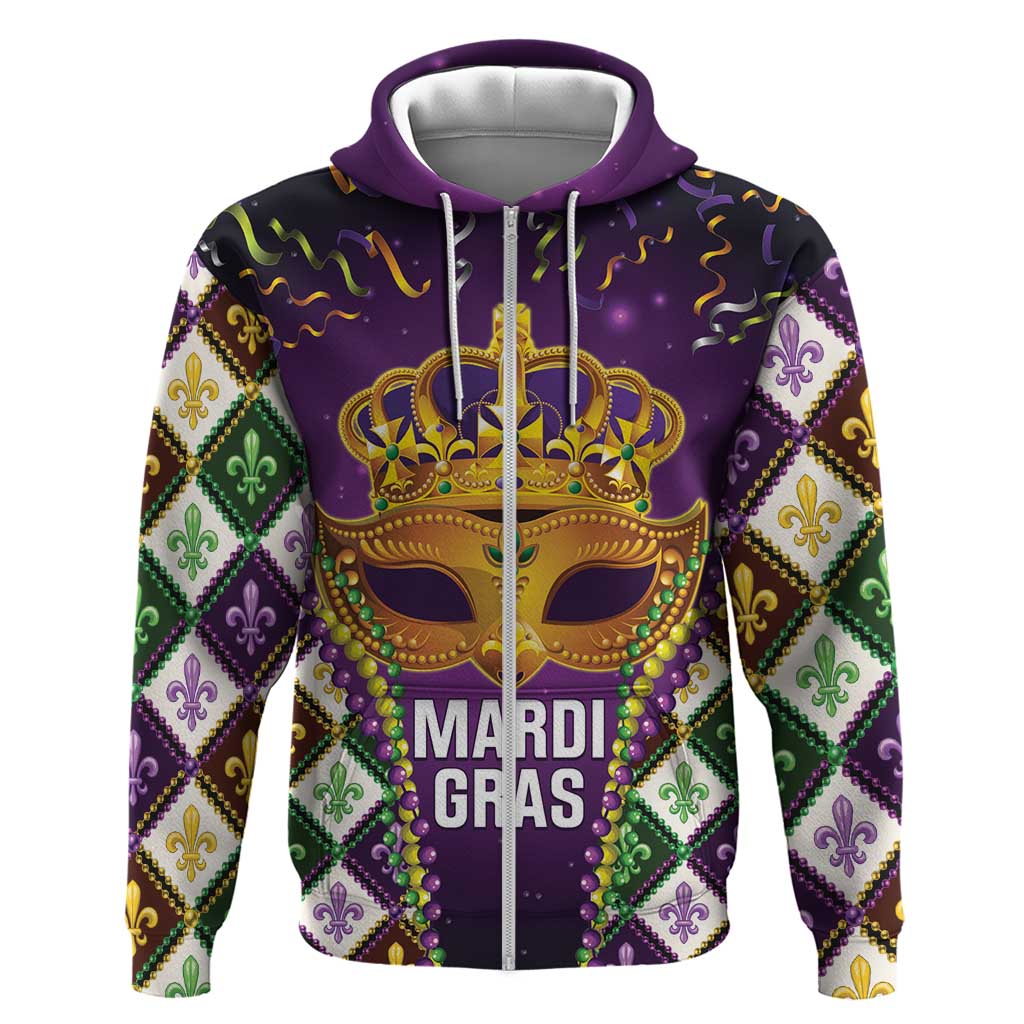 King Mask Mardi Gras Hoodie Let's Party Beadeds With Fleur De Lis LT14