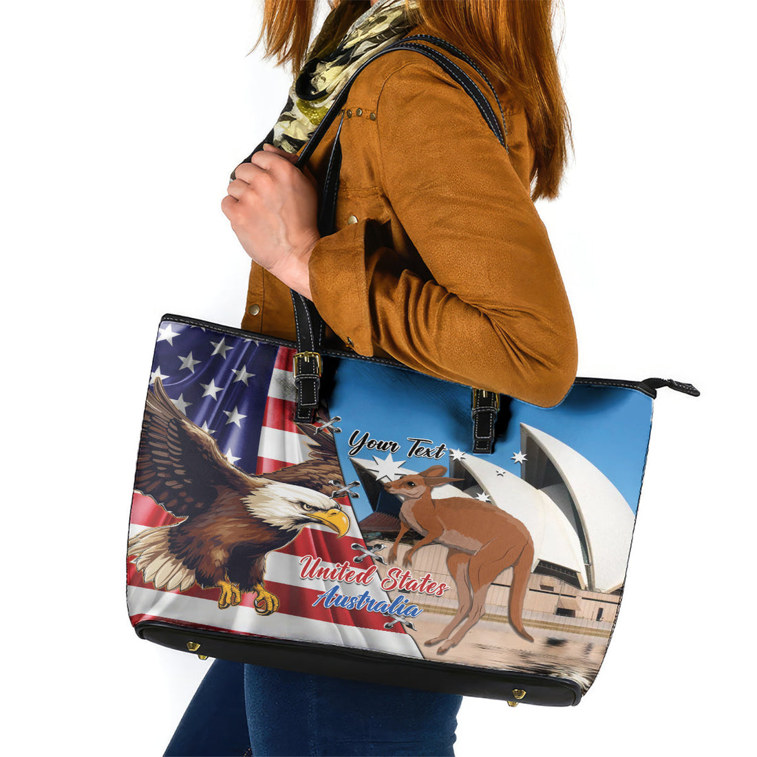 Personalised United States And Australia Leather Tote Bag USA Eagle With Aussie Kangaroo LT14