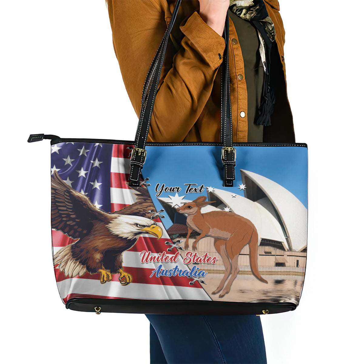 Personalised United States And Australia Leather Tote Bag USA Eagle With Aussie Kangaroo LT14