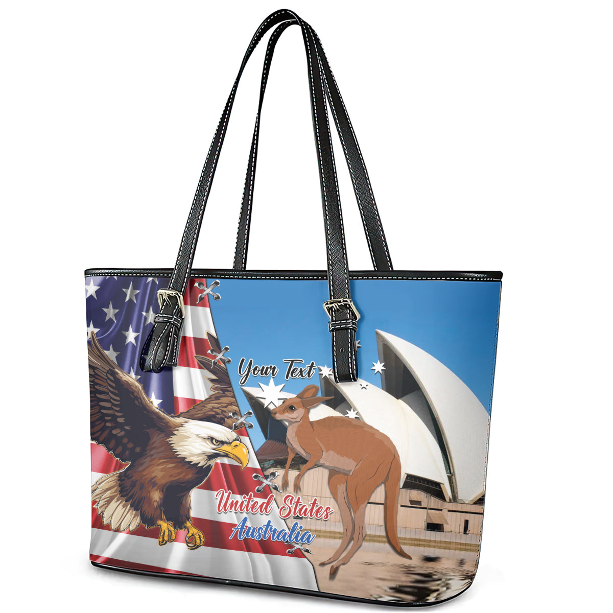 Personalised United States And Australia Leather Tote Bag USA Eagle With Aussie Kangaroo LT14