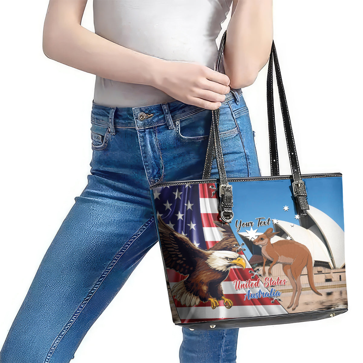 Personalised United States And Australia Leather Tote Bag USA Eagle With Aussie Kangaroo LT14