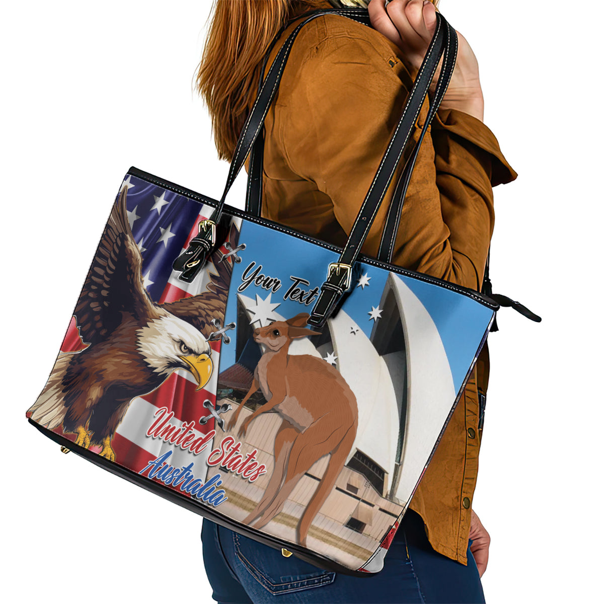 Personalised United States And Australia Leather Tote Bag USA Eagle With Aussie Kangaroo LT14