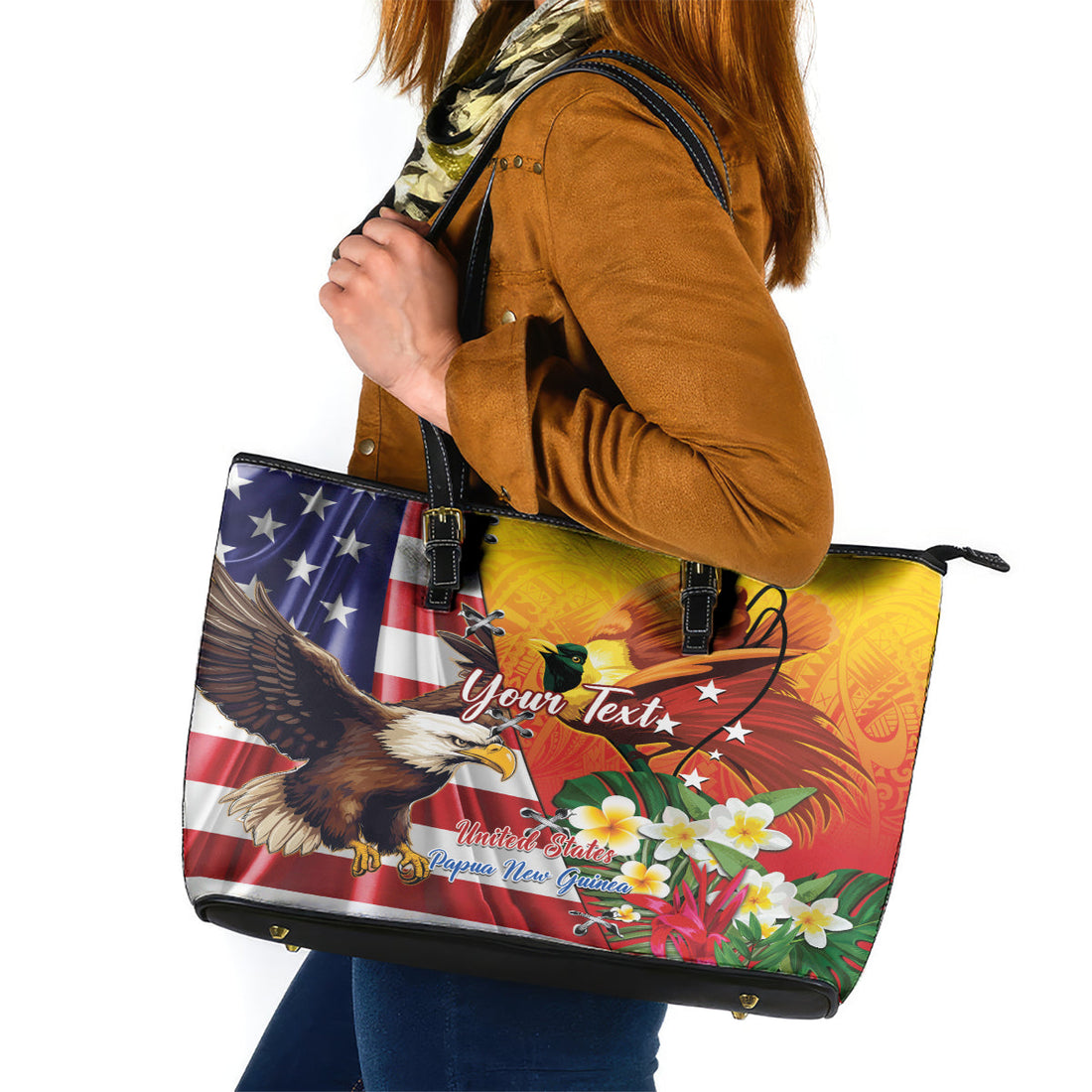 Personalised United States And Papua New Guinea Leather Tote Bag USA Eagle With PNG Bird Of Paradise LT14