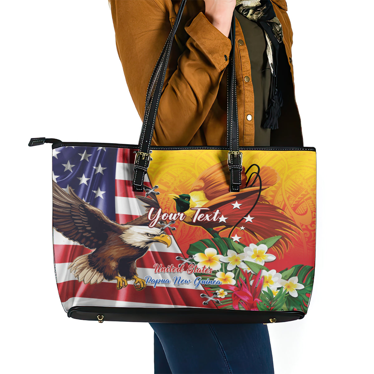 Personalised United States And Papua New Guinea Leather Tote Bag USA Eagle With PNG Bird Of Paradise LT14