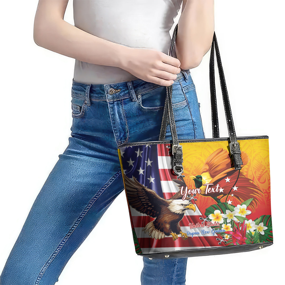 Personalised United States And Papua New Guinea Leather Tote Bag USA Eagle With PNG Bird Of Paradise LT14