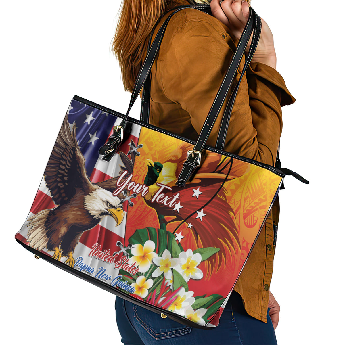 Personalised United States And Papua New Guinea Leather Tote Bag USA Eagle With PNG Bird Of Paradise LT14