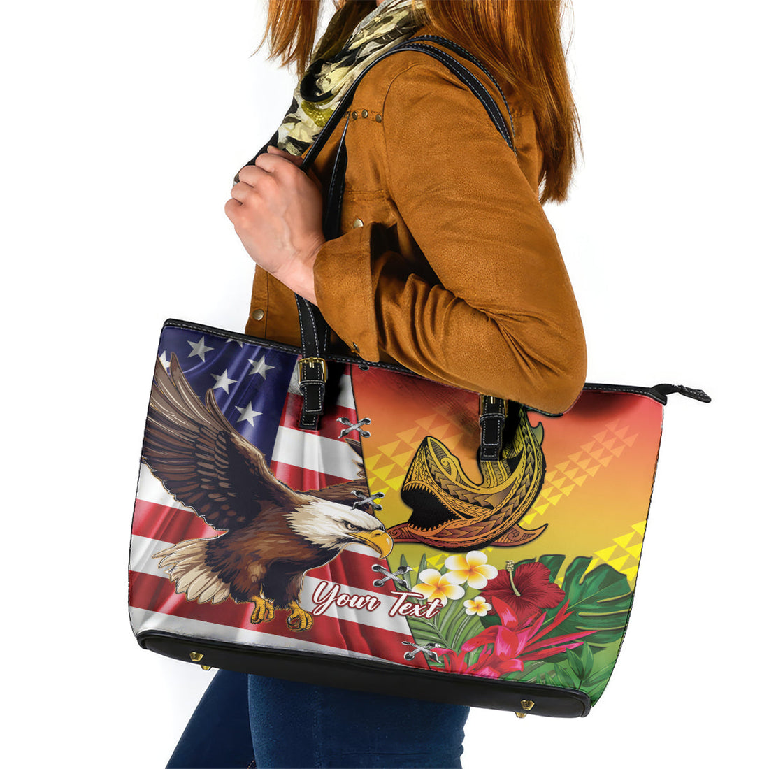 Personalised United States And Hawaii Leather Tote Bag USA Eagle With Hawaiian Shark Tattoo LT14