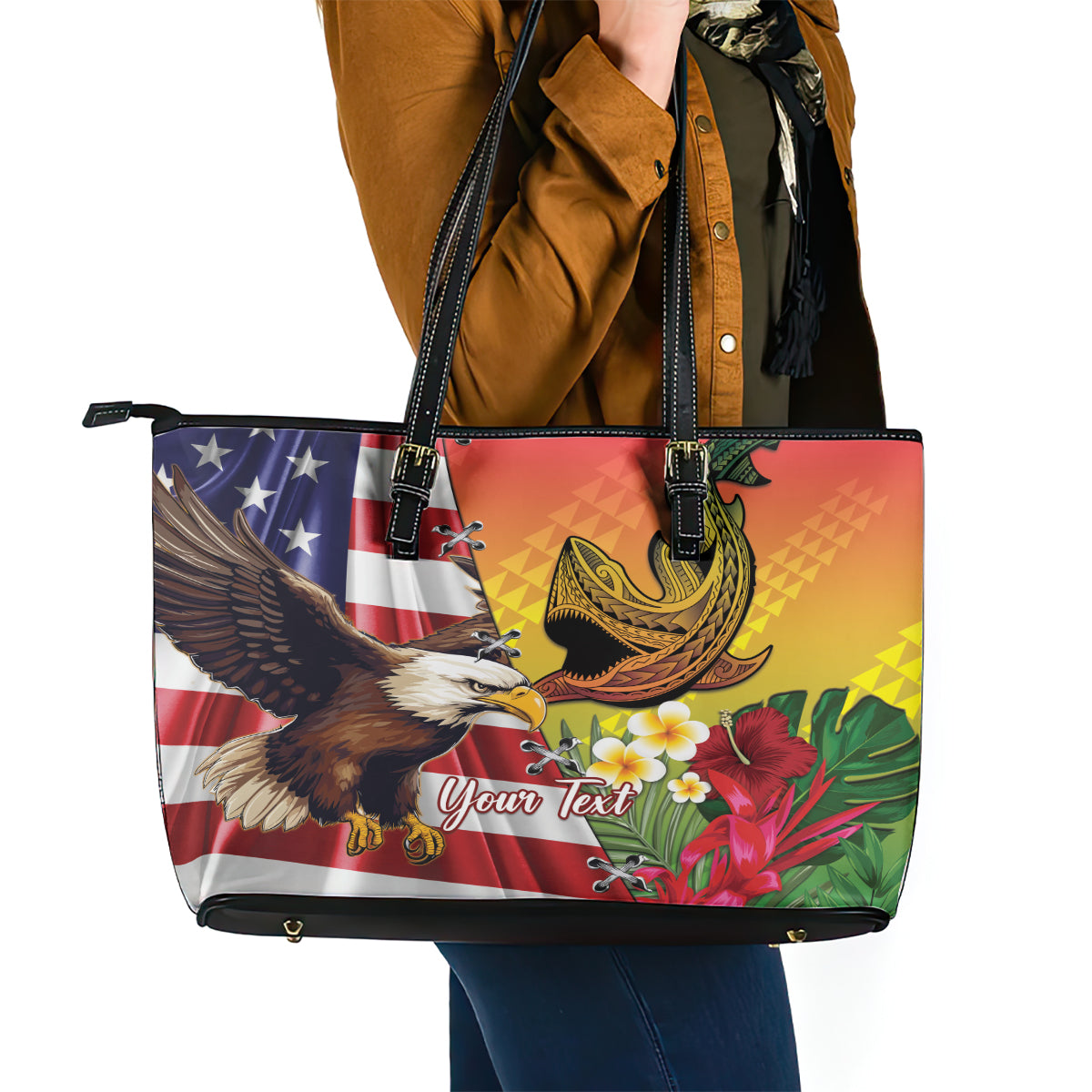 Personalised United States And Hawaii Leather Tote Bag USA Eagle With Hawaiian Shark Tattoo LT14