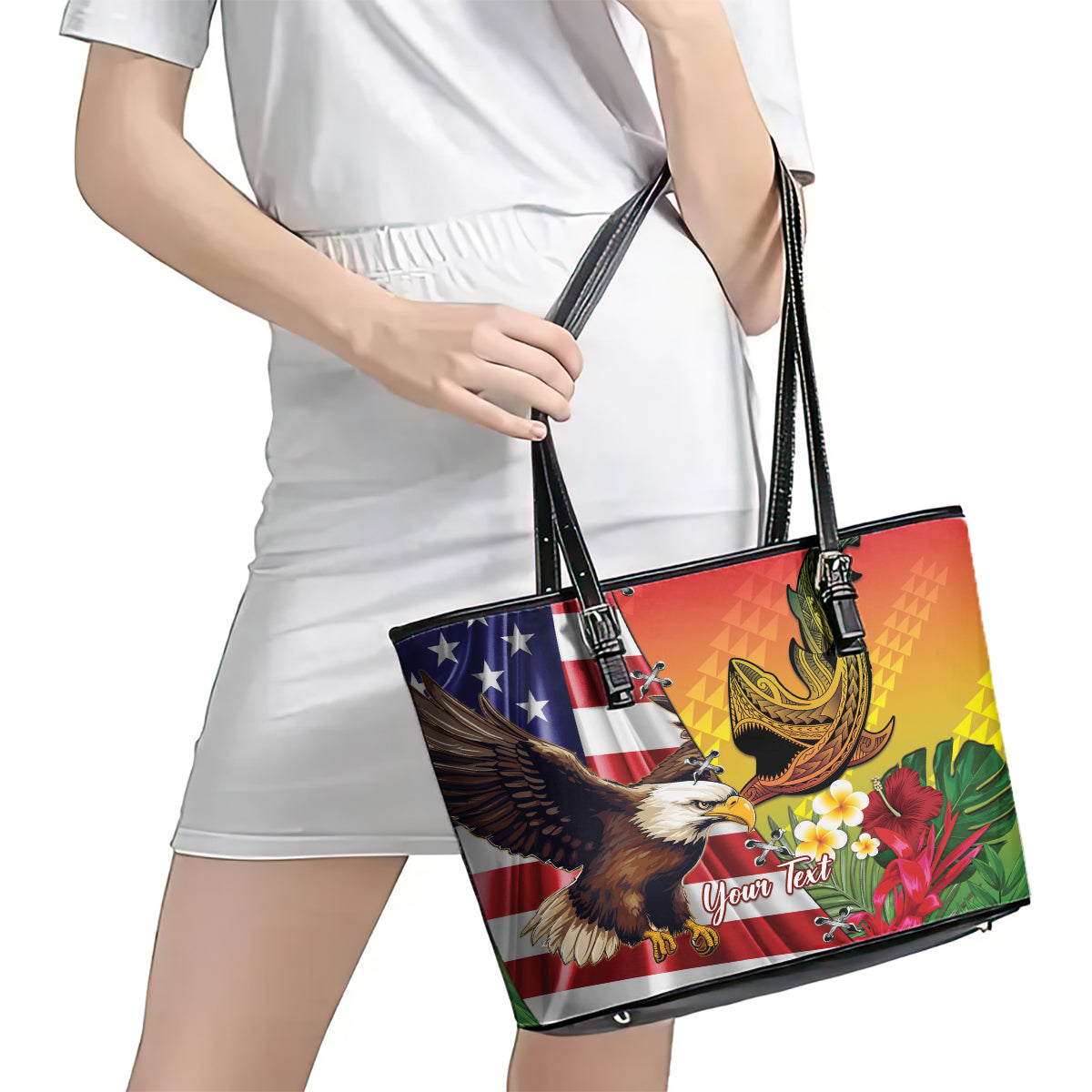 Personalised United States And Hawaii Leather Tote Bag USA Eagle With Hawaiian Shark Tattoo LT14