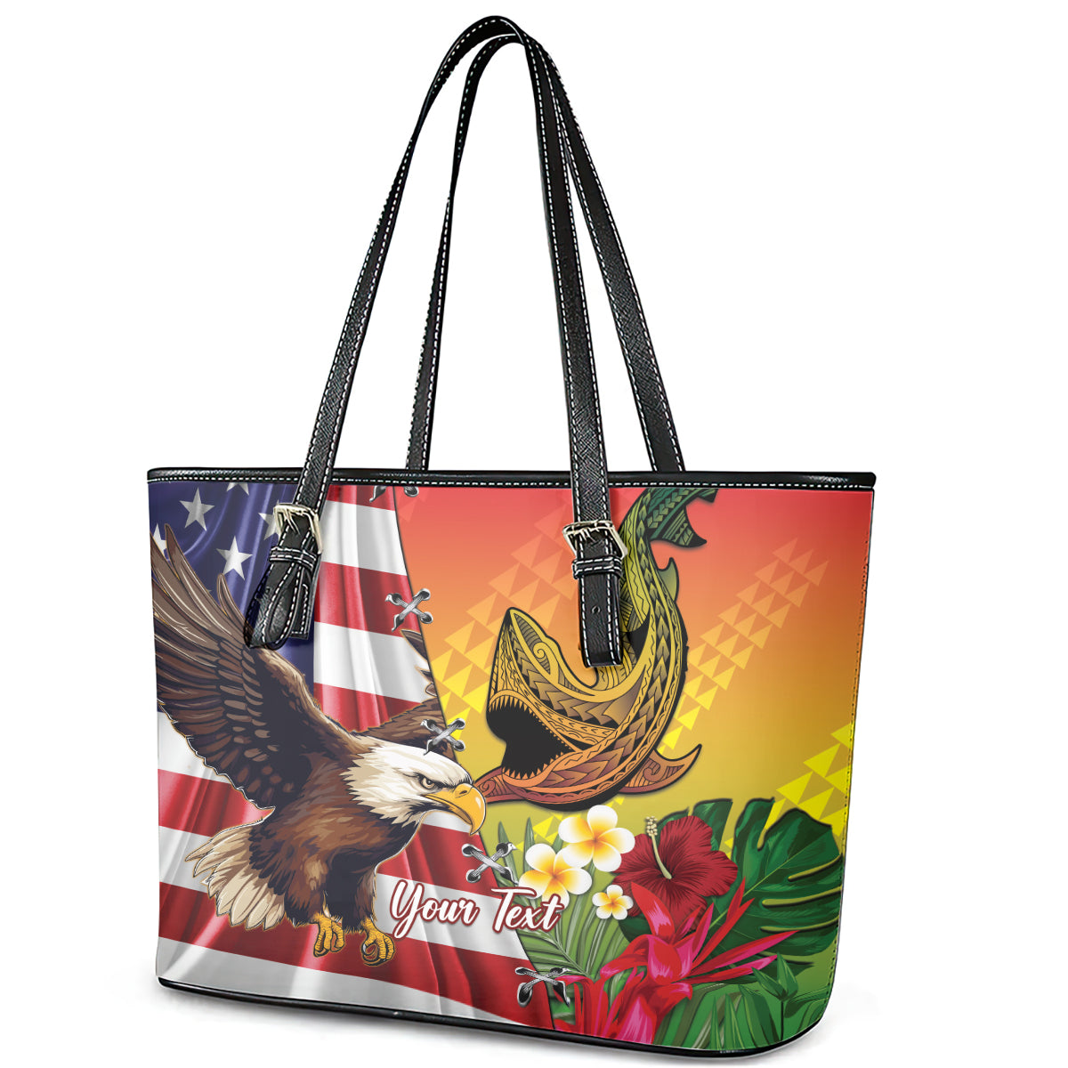 Personalised United States And Hawaii Leather Tote Bag USA Eagle With Hawaiian Shark Tattoo LT14