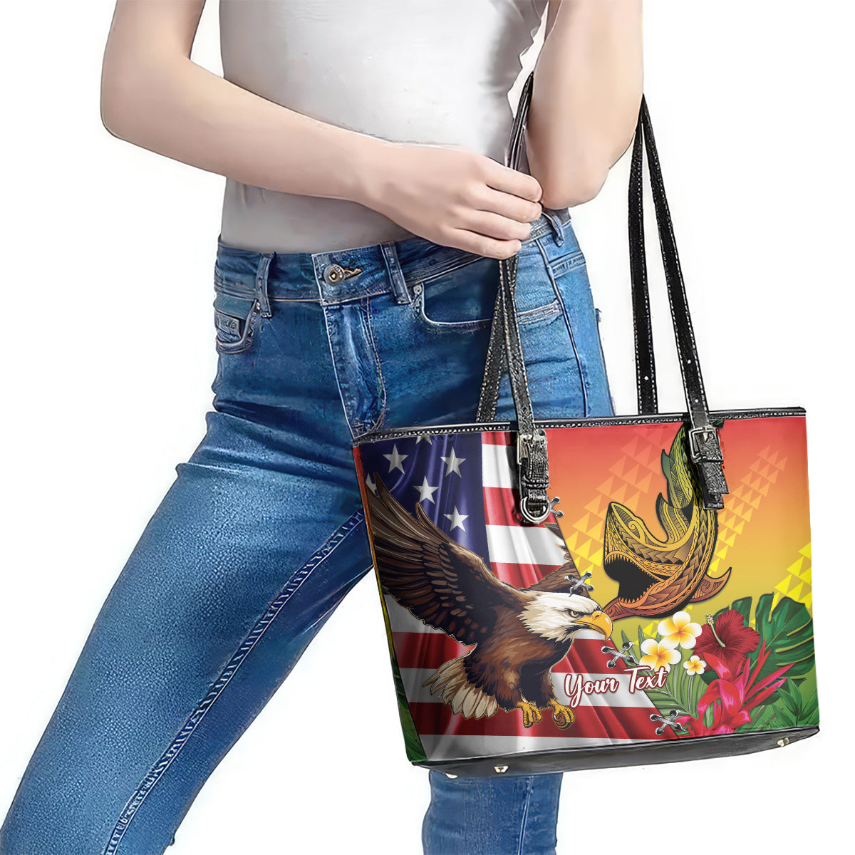 Personalised United States And Hawaii Leather Tote Bag USA Eagle With Hawaiian Shark Tattoo LT14