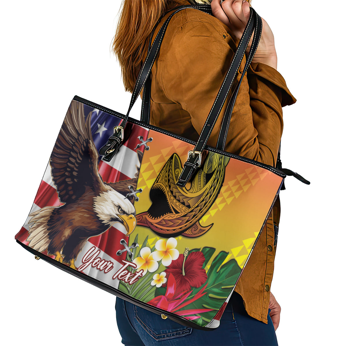 Personalised United States And Hawaii Leather Tote Bag USA Eagle With Hawaiian Shark Tattoo LT14