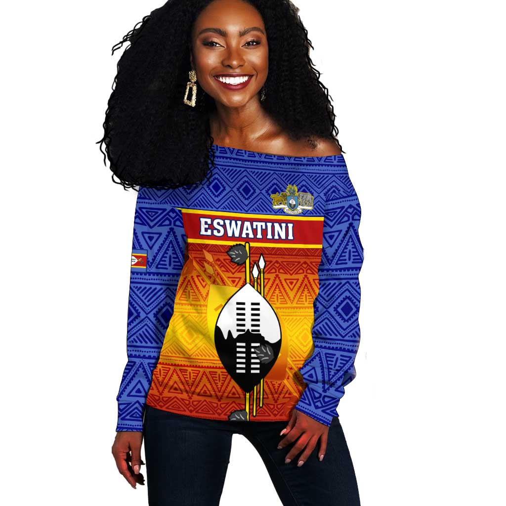 Personalised Eswatini Independence Day Off Shoulder Sweater Swaziland Nguni Shield Gradient African Pattern LT14