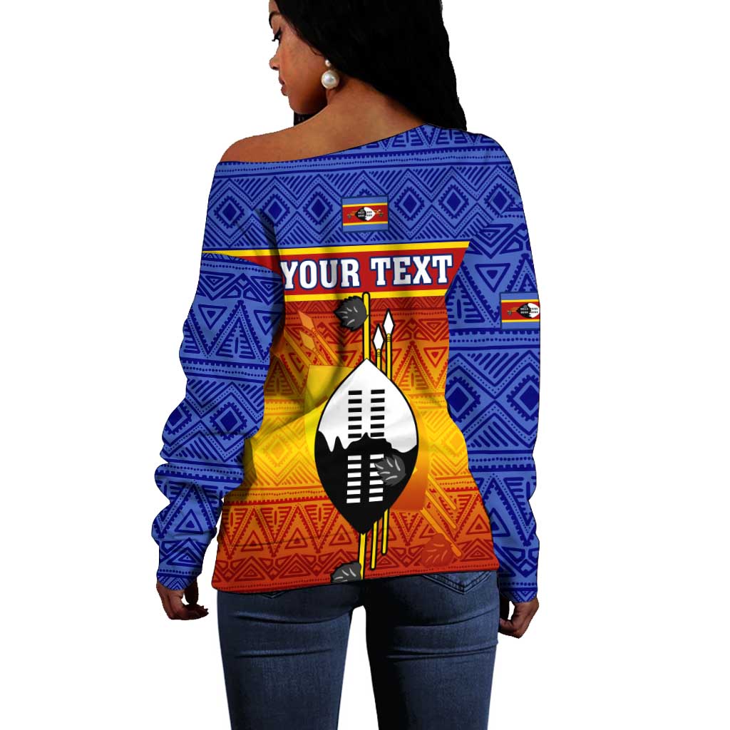 Personalised Eswatini Independence Day Off Shoulder Sweater Swaziland Nguni Shield Gradient African Pattern LT14