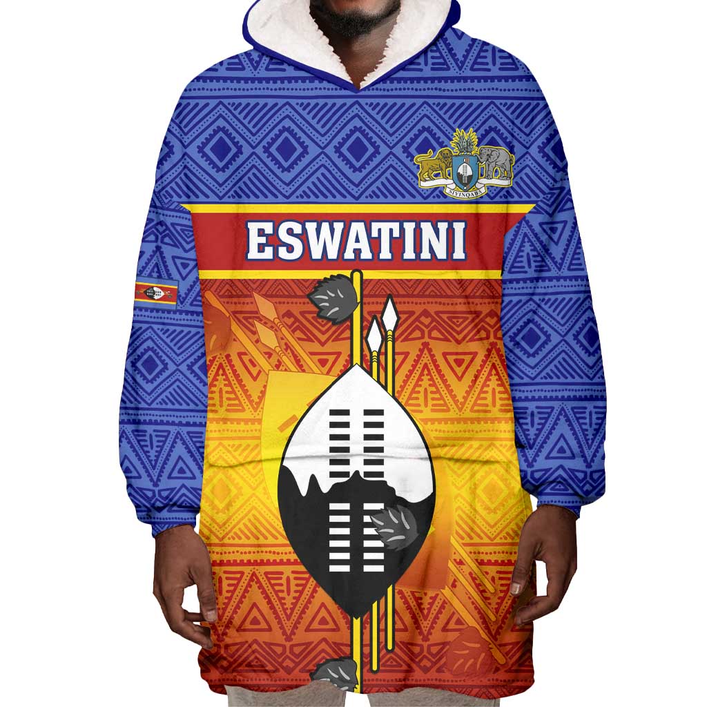 Personalised Eswatini Independence Day Wearable Blanket Hoodie Swaziland Nguni Shield Gradient African Pattern LT14