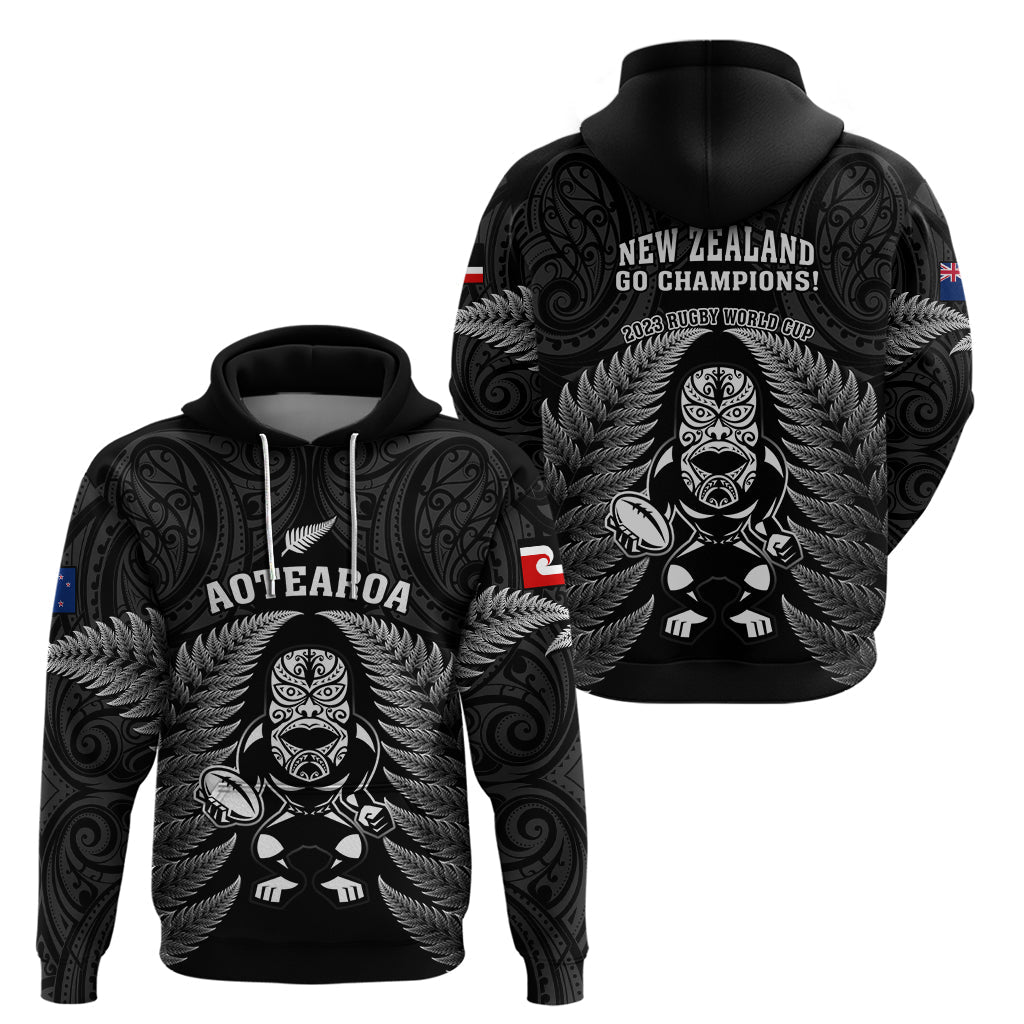 New Zealand Aotearoa Rugby Hoodie NZ Tiki With Maori Fern World Cup Black Version LT14
