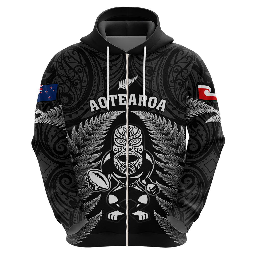 New Zealand Aotearoa Rugby Hoodie NZ Tiki With Maori Fern World Cup Black Version LT14