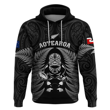 Custom New Zealand Aotearoa Rugby Hoodie NZ Tiki With Maori Fern World Cup Black Version LT14