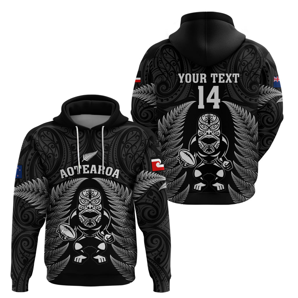 Custom New Zealand Aotearoa Rugby Hoodie NZ Tiki With Maori Fern World Cup Black Version LT14