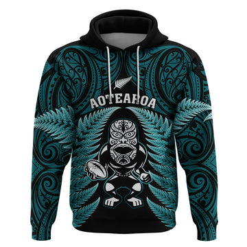 New Zealand Aotearoa Rugby Hoodie NZ Tiki With Maori Fern World Cup Turquoise Version LT14
