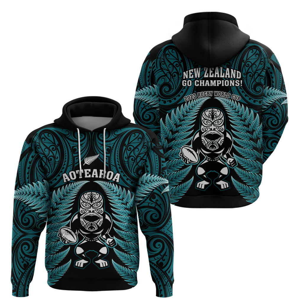 New Zealand Aotearoa Rugby Hoodie NZ Tiki With Maori Fern World Cup Turquoise Version LT14