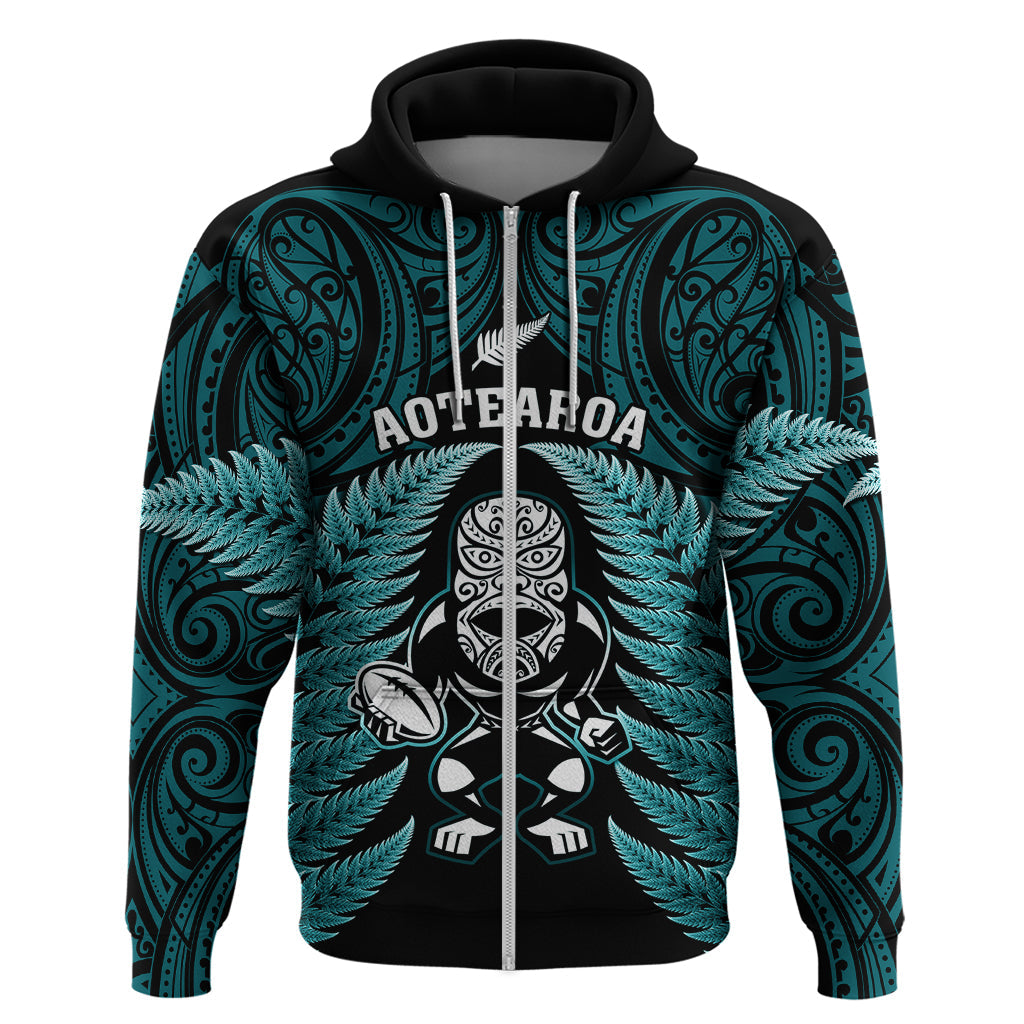 New Zealand Aotearoa Rugby Hoodie NZ Tiki With Maori Fern World Cup Turquoise Version LT14
