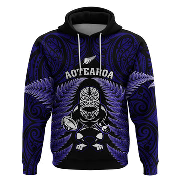 New Zealand Aotearoa Rugby Hoodie NZ Tiki With Maori Fern World Cup Blue Version LT14