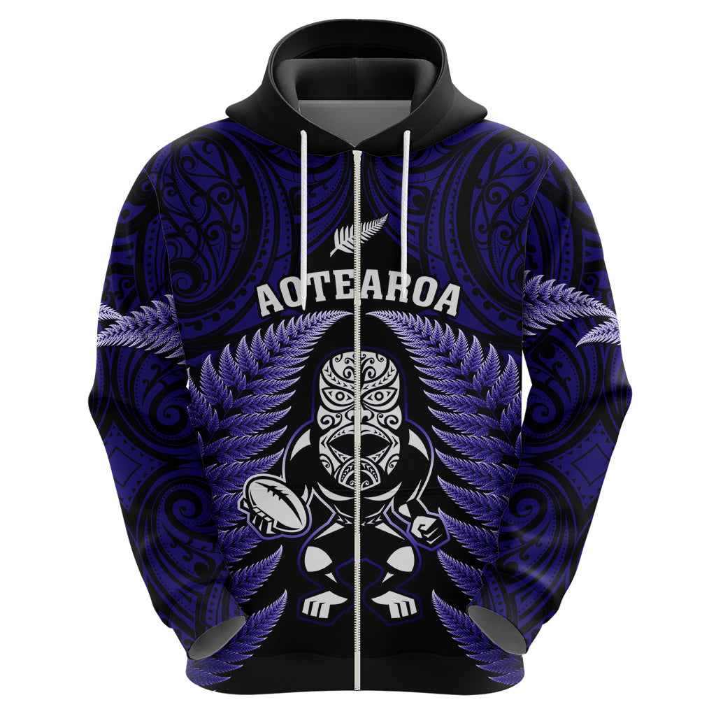 New Zealand Aotearoa Rugby Hoodie NZ Tiki With Maori Fern World Cup Blue Version LT14