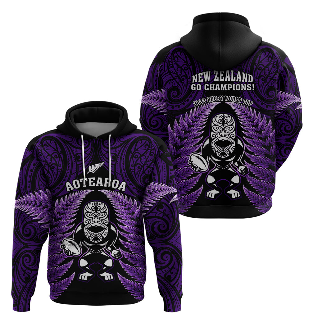 New Zealand Aotearoa Rugby Hoodie NZ Tiki With Maori Fern World Cup Purple Version LT14
