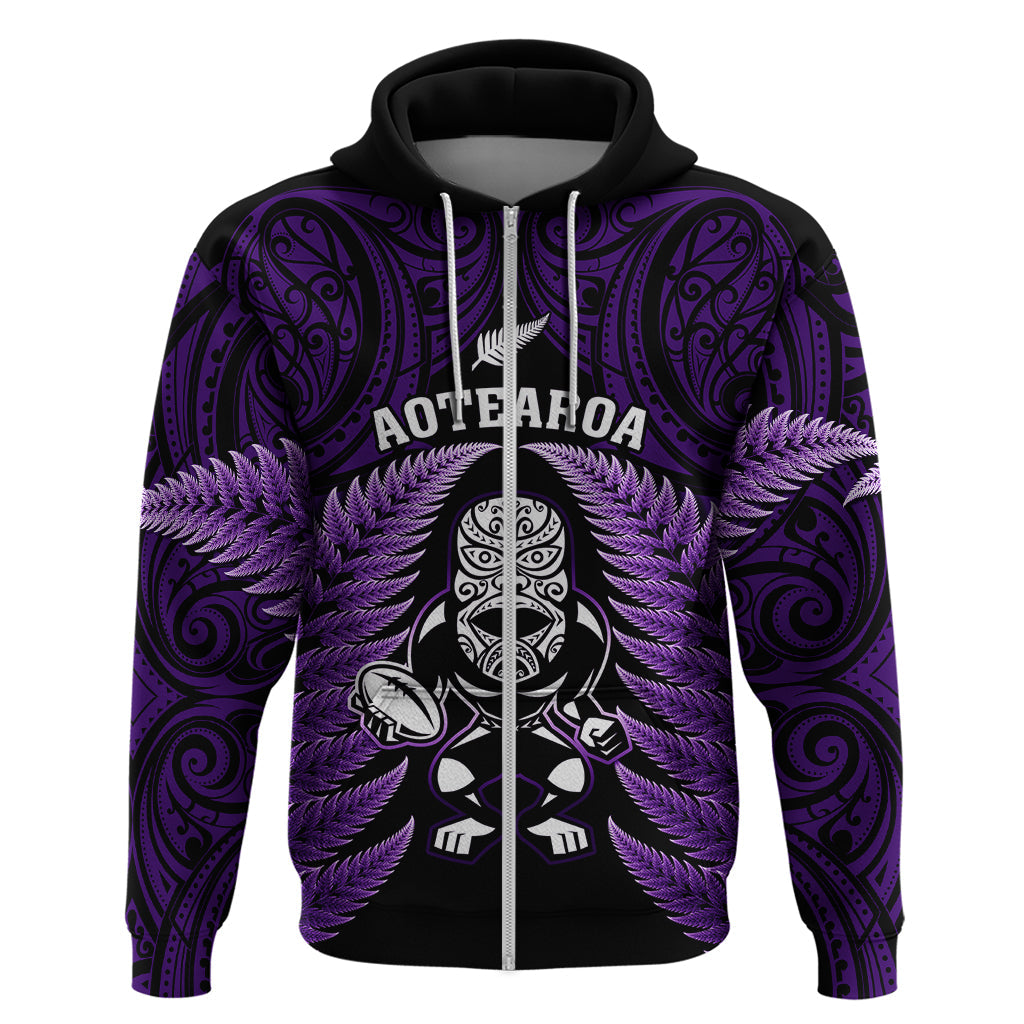 New Zealand Aotearoa Rugby Hoodie NZ Tiki With Maori Fern World Cup Purple Version LT14