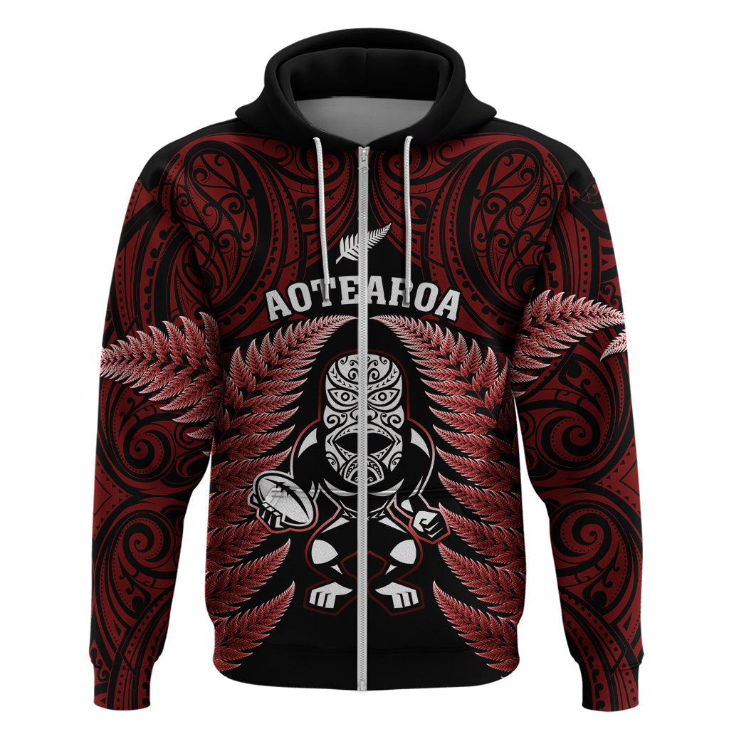 New Zealand Aotearoa Rugby Hoodie NZ Tiki With Maori Fern World Cup Red Version LT14